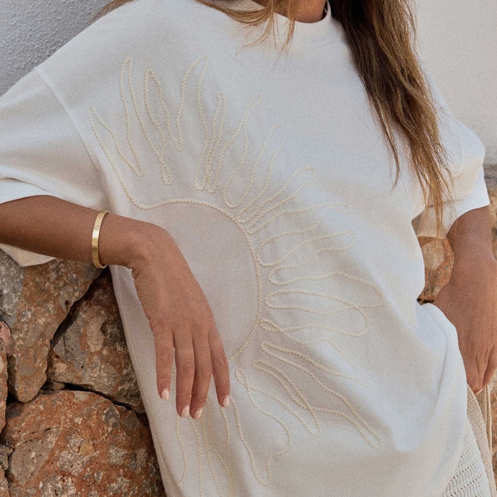 4th & Reckless x Luana Barron cotton oversized embroidered sun T-shirt in white